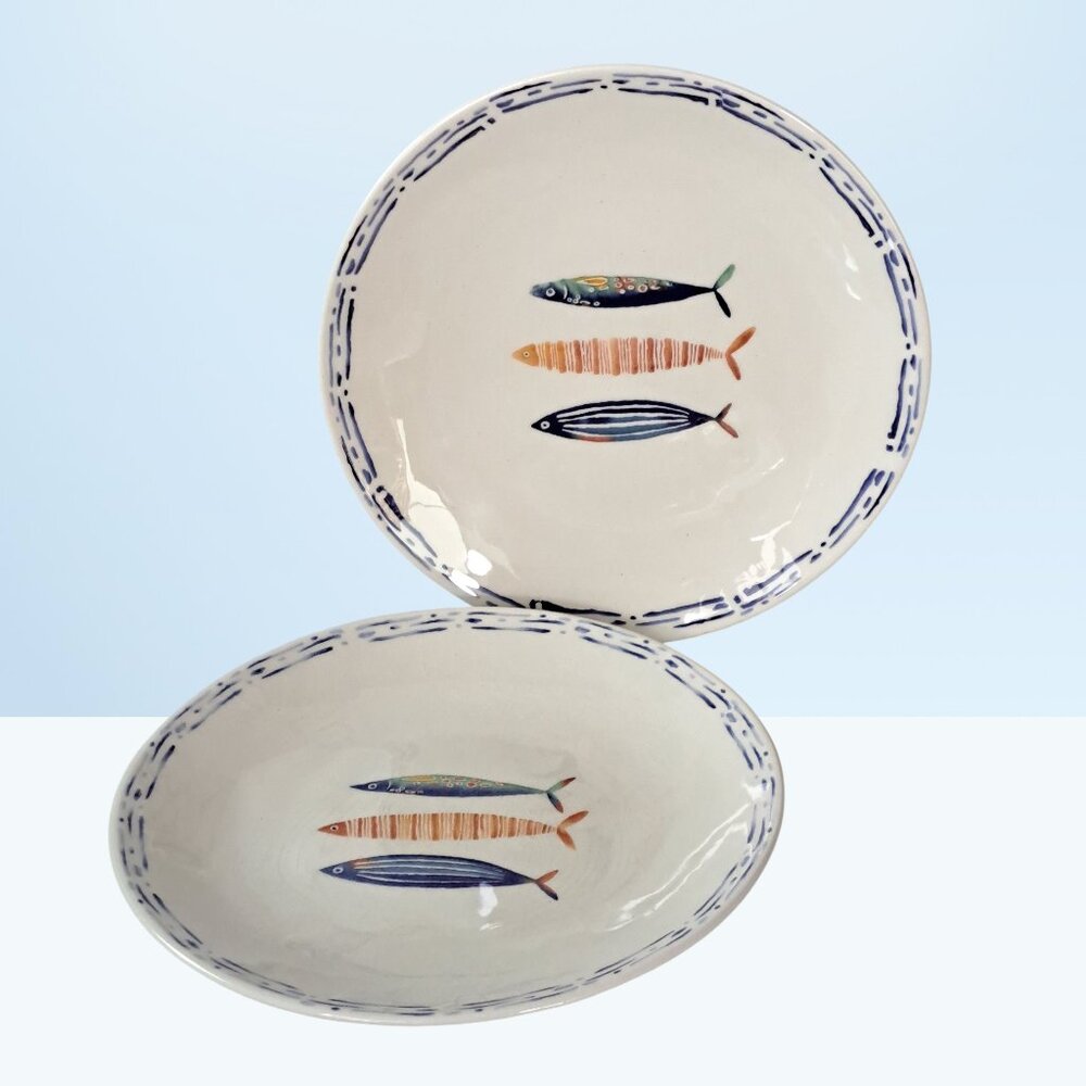 X2 Papart Seramik Fish Dinner Plate Ceramic 11” Hand Painted in Turkey Blue